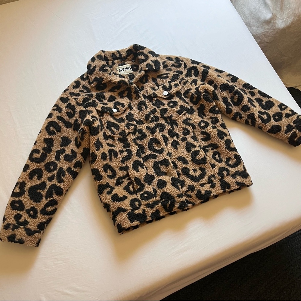 APPARIS tan black leopard cheetah animal shearling fuzzy button up coat